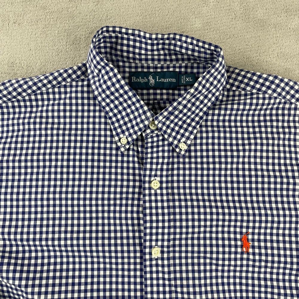 Polo Ralph Lauren Shirt Men XL Blue Gingham Check Long Sleeve Orange Pony Preppy